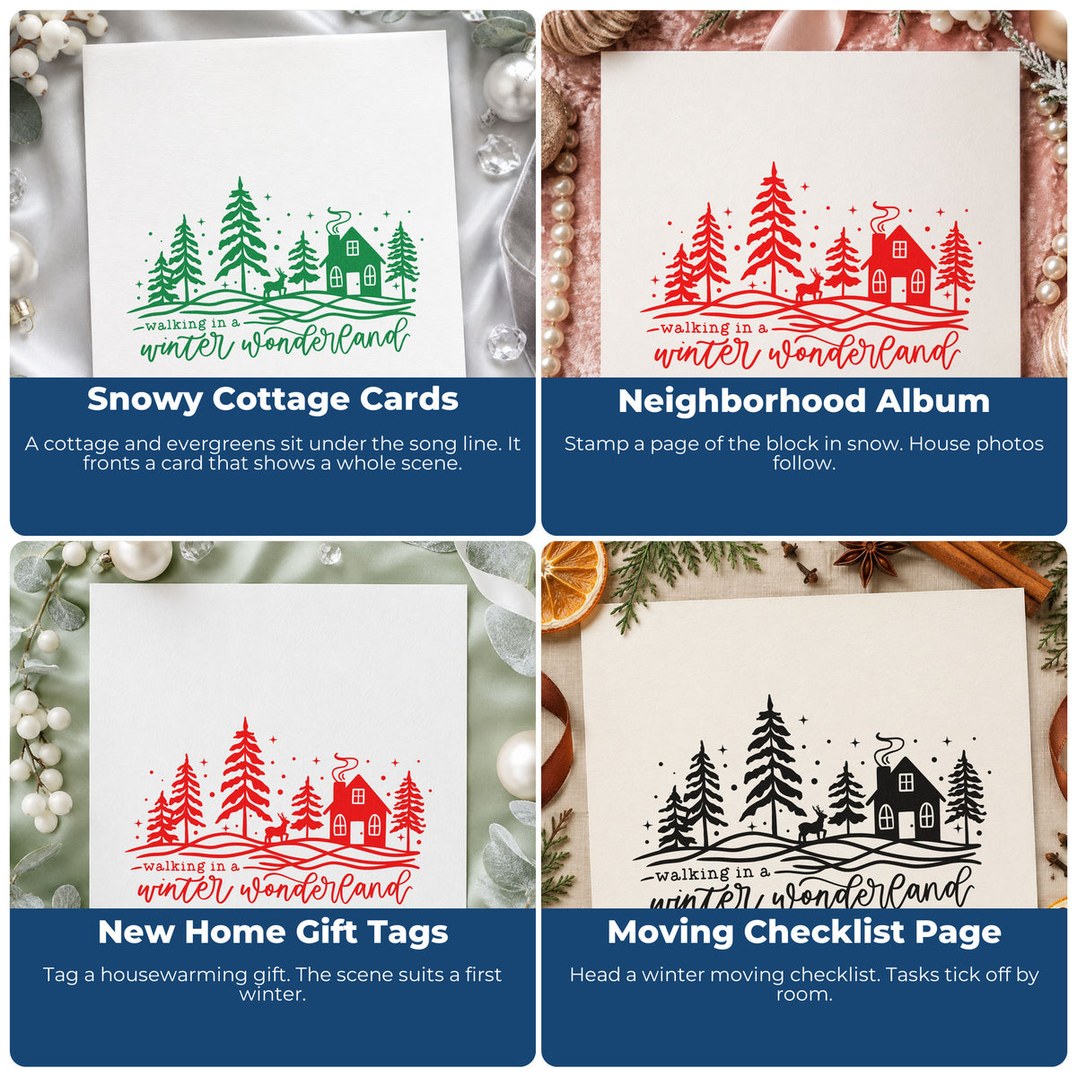 Four ways to use the Walking Winter Wonderland Cottage Pine Motif Stamp – Self-Inking: snowy cottage cards, neighborhood album, new home gift tags and moving checklist page.