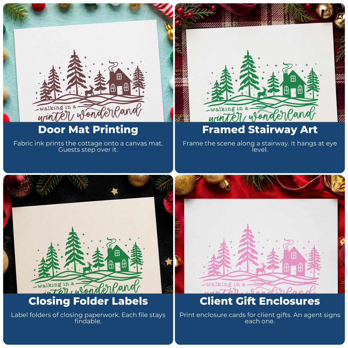 Four ways to use the Walking Winter Wonderland Cottage Pine Motif PSI Pre-Inked Stamp: door mat printing, framed stairway art, closing folder labels and client gift enclosures.