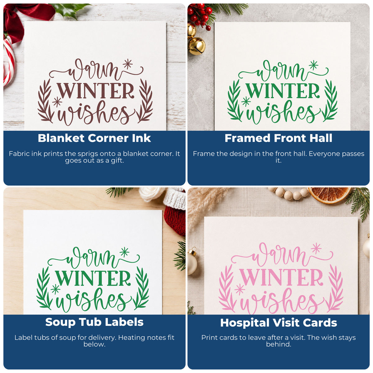 Four ways to use the Warm Winter Wishes Slim Pre-Inked Stamp: blanket corner ink, framed front hall, soup tub labels and hospital visit cards.