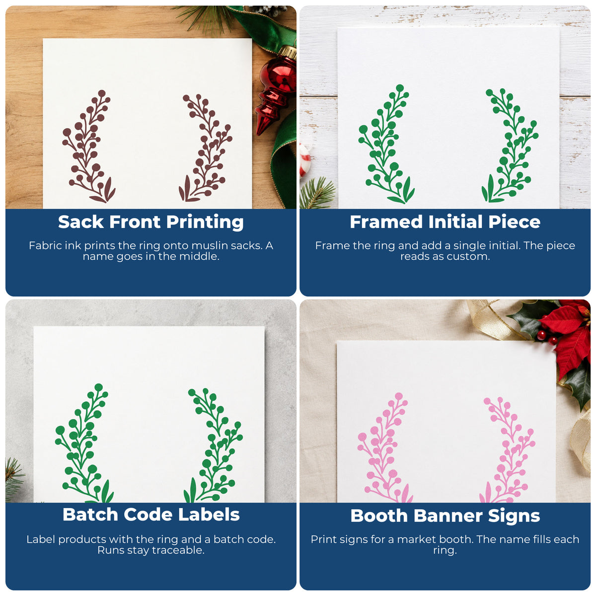 Four ways to use the Premium Wooden Open Berry Branch Wreath Stamp - Vintage Pro: sack front printing, framed initial piece, batch code labels and booth banner signs.