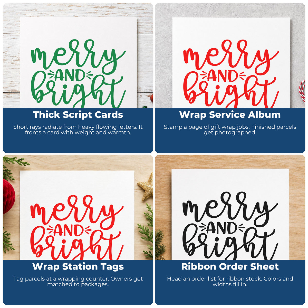 Four ways to use the Merry And Bright Script PSI Pre-Inked Stamp: thick script cards, wrap service album, wrap station tags and ribbon order sheet.
