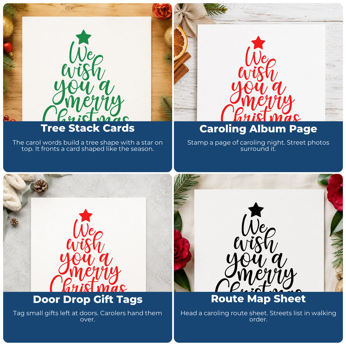 Four ways to use the We Wish Merry Christmas Tree With Stars Slim Pre-Inked Stamp: tree stack cards, caroling album page, door drop gift tags and route map sheet.