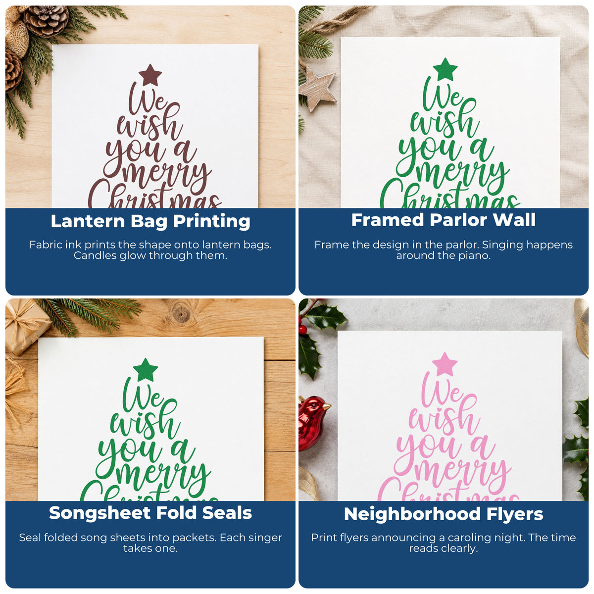 Four ways to use the We Wish Merry Christmas Tree With Stars Stamp – Self-Inking: lantern bag printing, framed parlor wall, songsheet fold seals and neighborhood flyers.