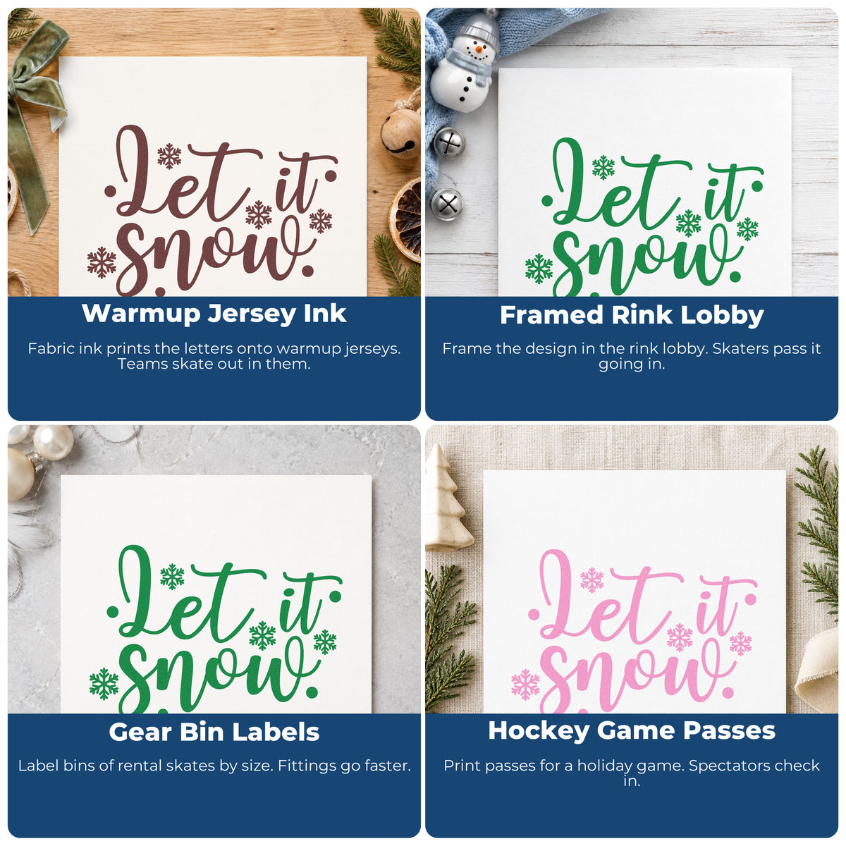 Four ways to use the Self-Inking Let It Snow Snowflakes Stamp: warmup jersey ink, framed rink lobby, gear bin labels and hockey game passes.