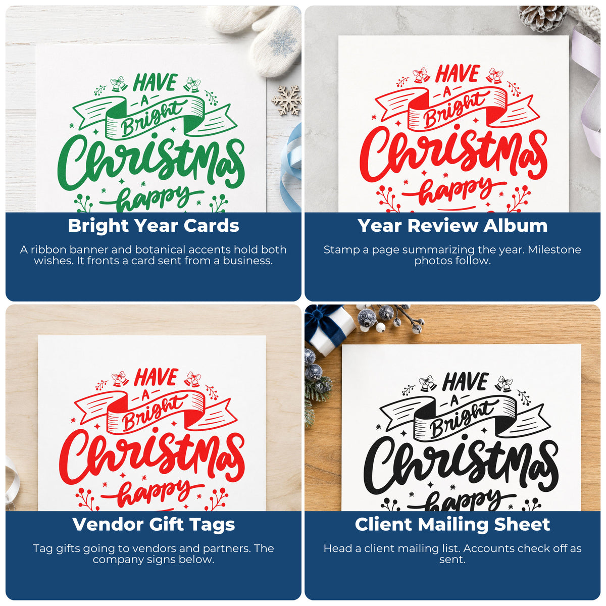 Four ways to use the Bright Christmas Happy New Year Stamp – Self-Inking: bright year cards, year review album, vendor gift tags and client mailing sheet.