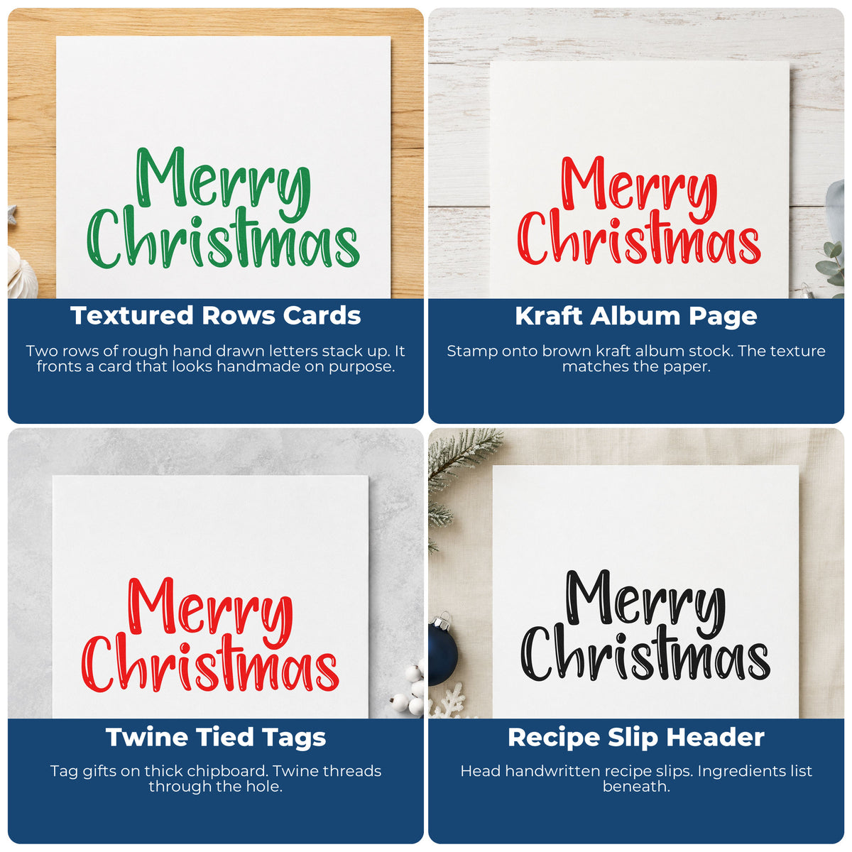 Four ways to use the Merry Christmas Textured Letters Stamp – PSI Pre-Inked: textured rows cards, kraft album page, twine tied tags and recipe slip header.