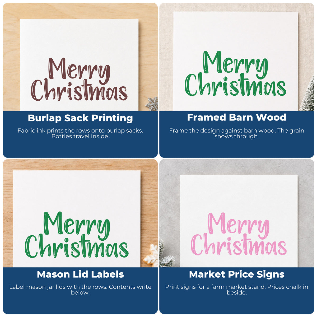 Four ways to use the Merry Christmas Textured Letters Stamp – PSI Pre-Inked: burlap sack printing, framed barn wood, mason lid labels and market price signs.