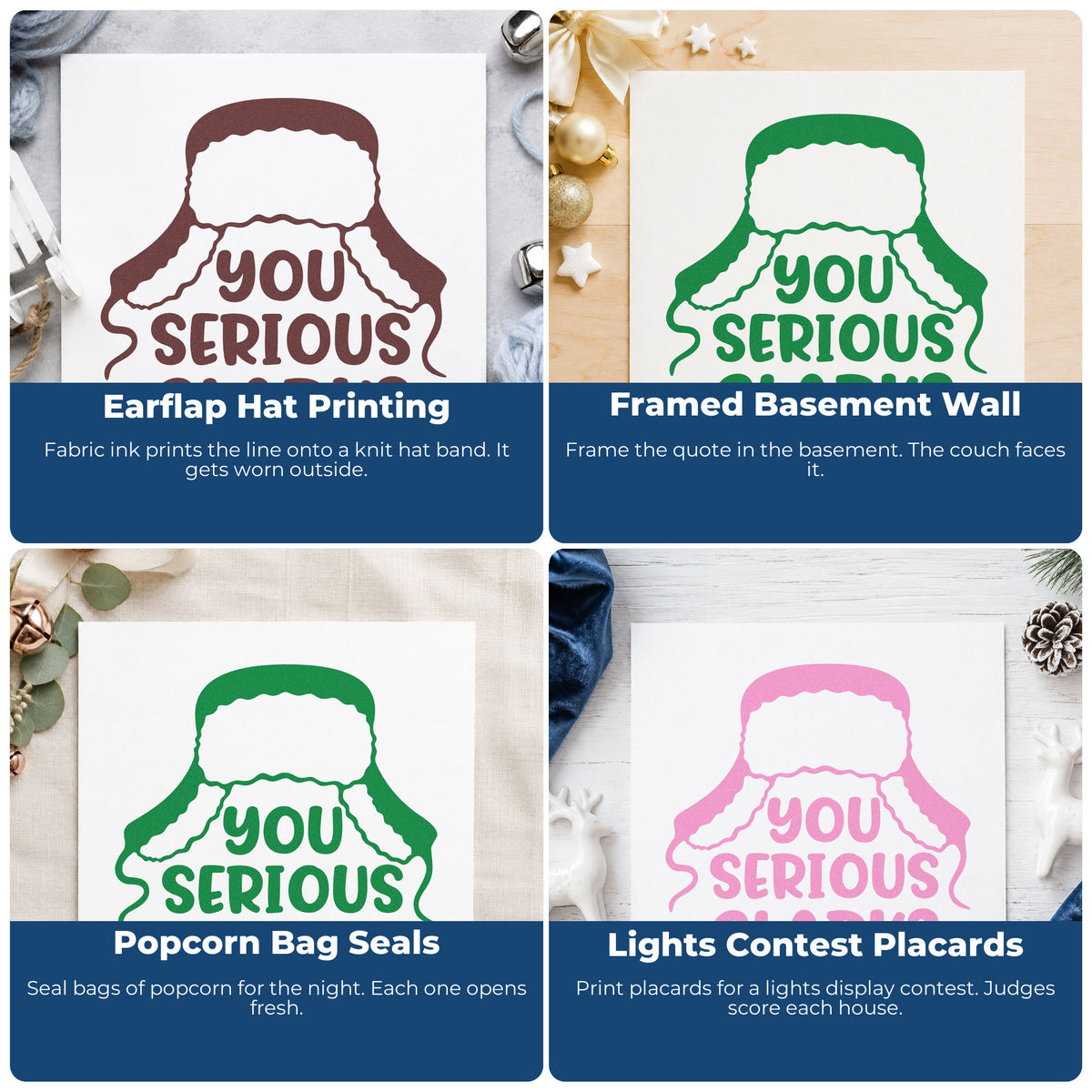 Four ways to use the You Serious Clark Winter Hat Hand Stamp – Duo: earflap hat printing, framed basement wall, popcorn bag seals and lights contest placards.