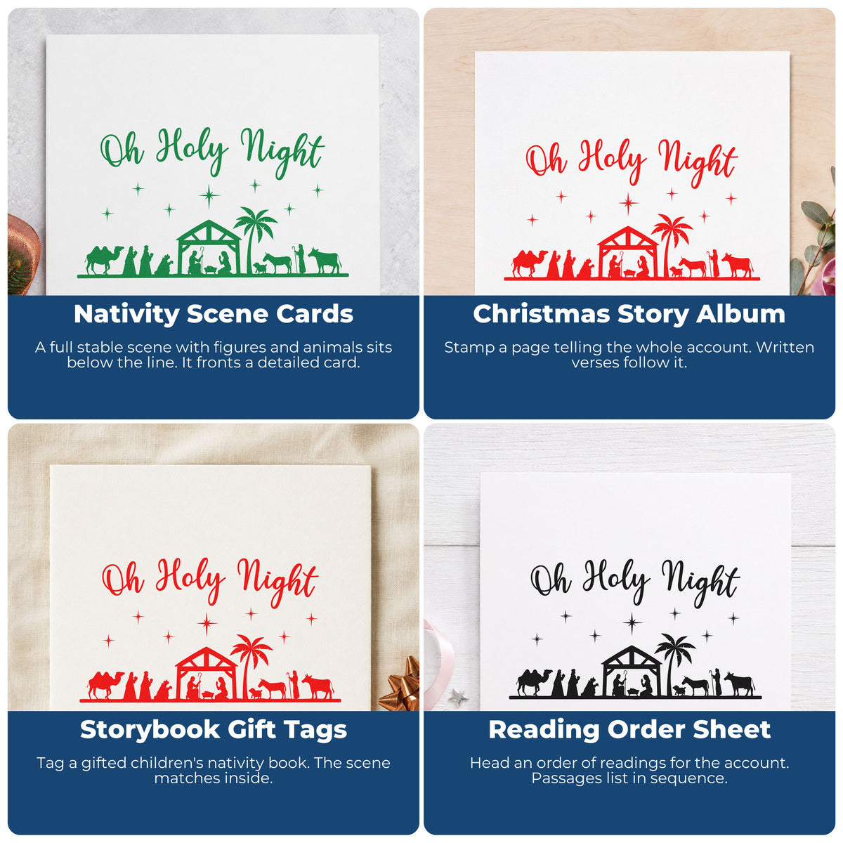 Four ways to use the Oh Holy Night Nativity Scene Tree Motif Craft Stamp – Self-Inking: nativity scene cards, christmas story album, storybook gift tags and reading order sheet.