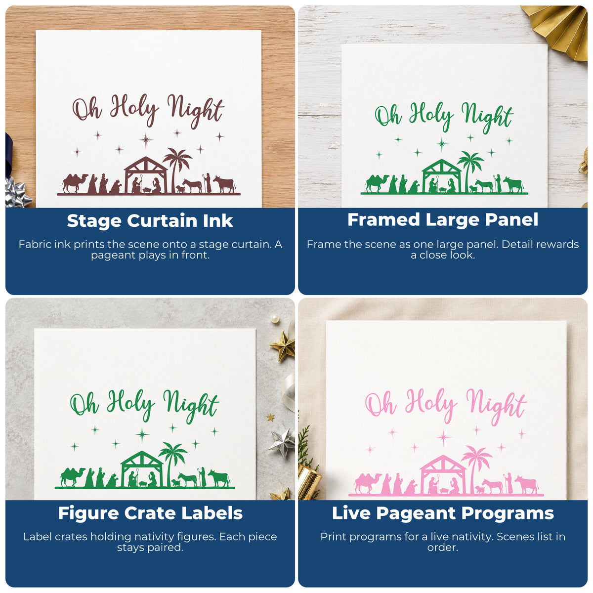 Four ways to use the Oh Holy Night Nativity Scene Tree Motif Rubber Stamp – Wood Handle: stage curtain ink, framed large panel, figure crate labels and live pageant programs.