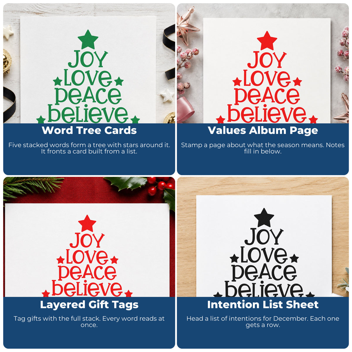 Four ways to use the Joy Love Peace Christmas Tree PSI Pre-Inked Stamp: word tree cards, values album page, layered gift tags and intention list sheet.