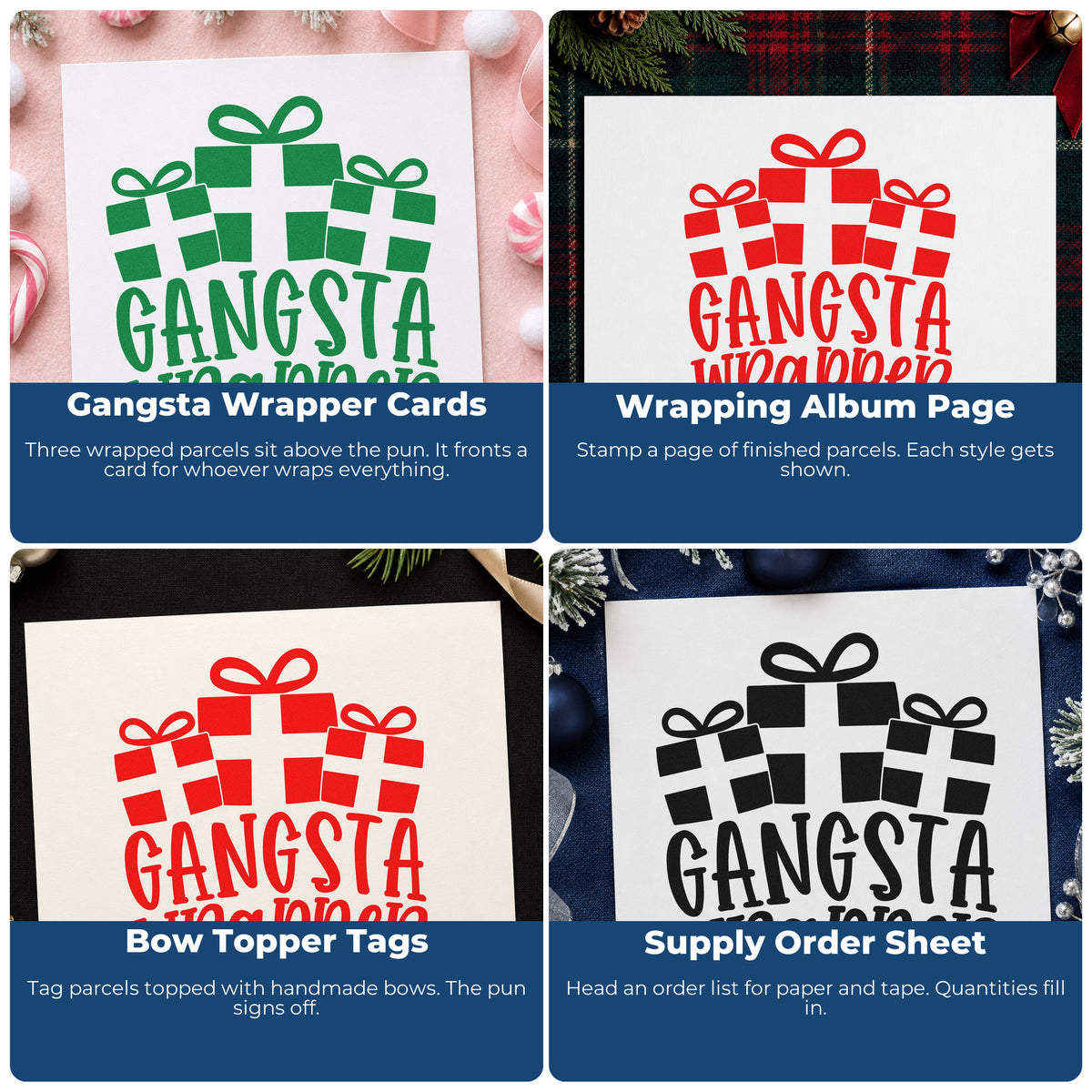 Four ways to use the Gangsta Wrapper Presents Premium Wood-Mounted Stamp - Vintage Pro: gangsta wrapper cards, wrapping album page, bow topper tags and supply order sheet.