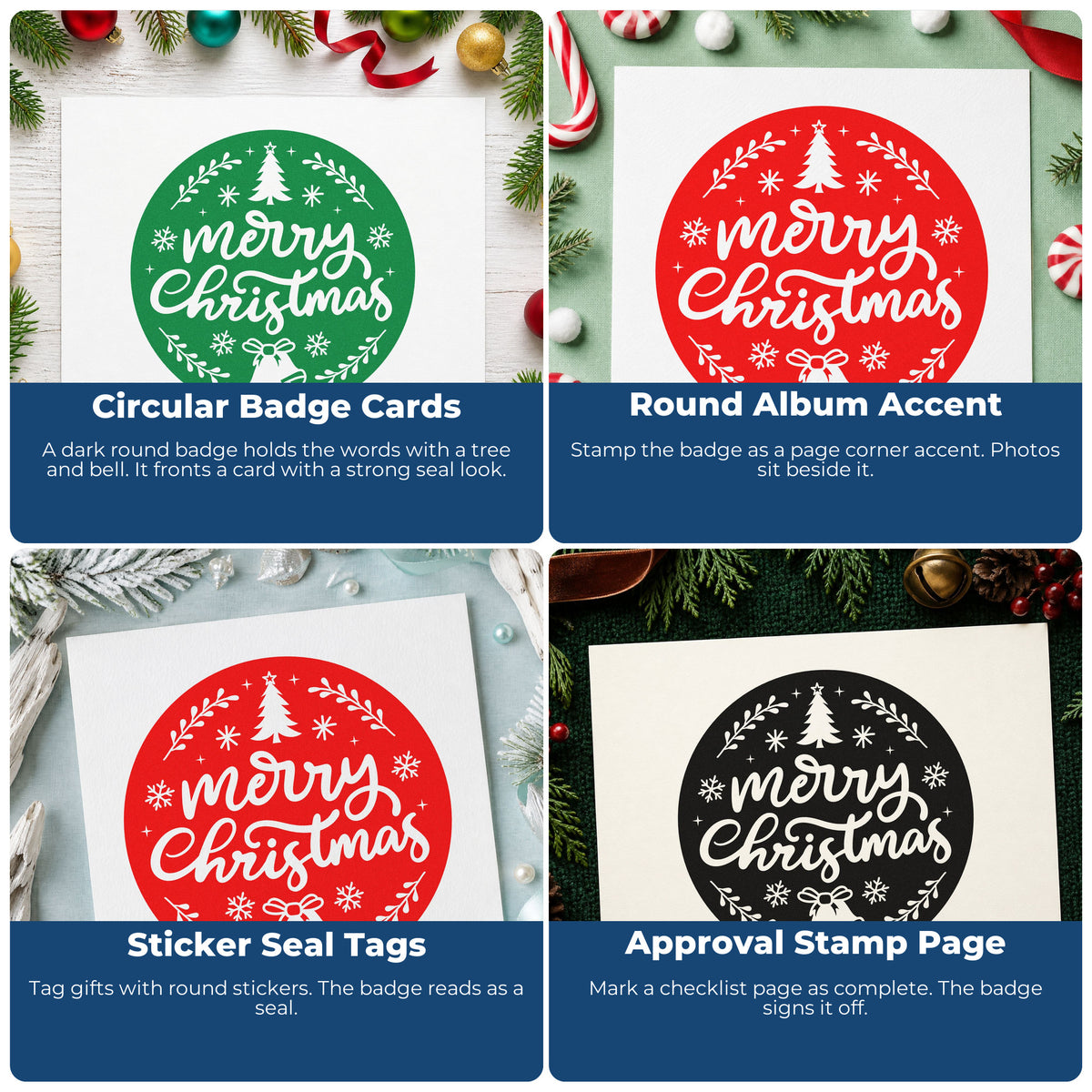 Four ways to use the Merry Christmas Round Botanical Badge Slim Pre-Inked Stamp: circular badge cards, round album accent, sticker seal tags and approval stamp page.