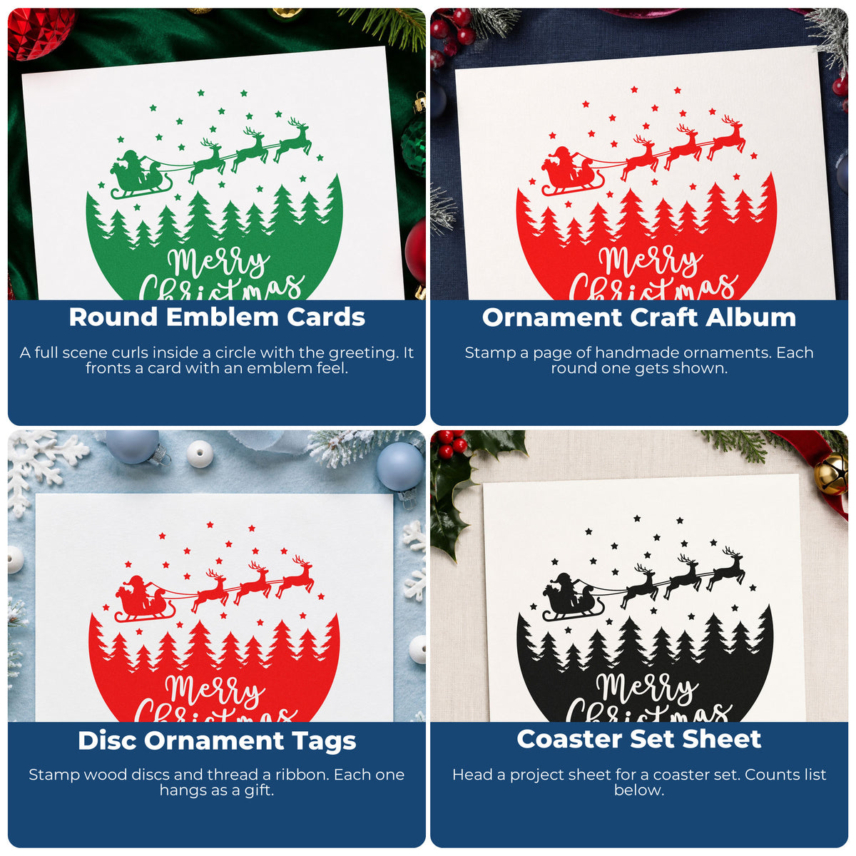 Four ways to use the Vintage Pro Merry Christmas Sleigh Forest Circle Premium Wooden Stamp: round emblem cards, ornament craft album, disc ornament tags and coaster set sheet.