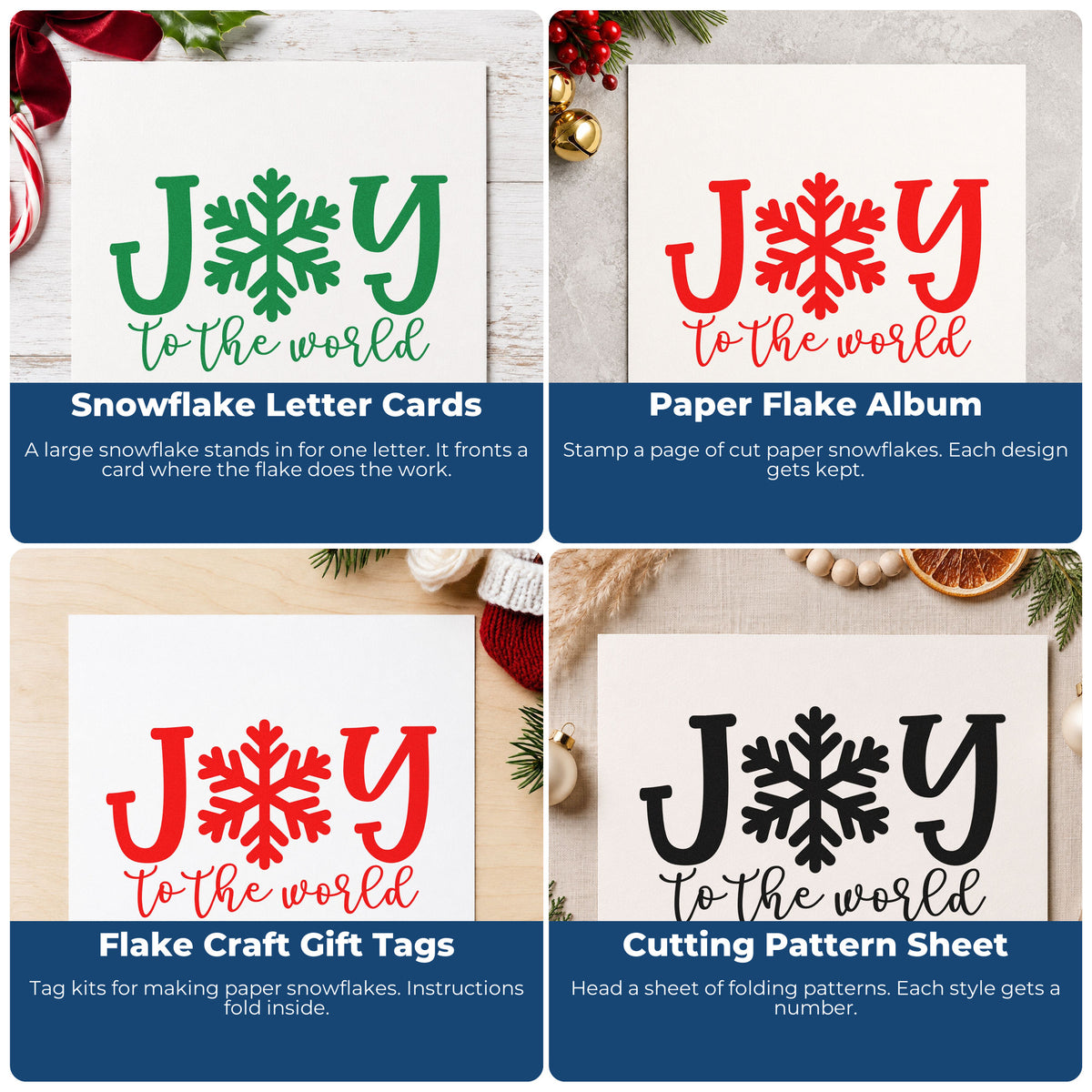 Four ways to use the Joy World Snowflake Letter Rubber Stamp – Duo Hand: snowflake letter cards, paper flake album, flake craft gift tags and cutting pattern sheet.