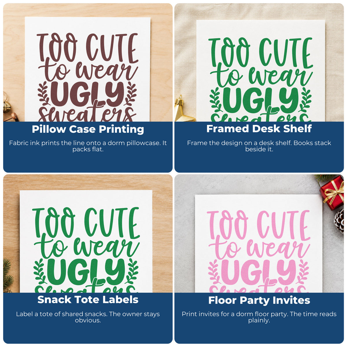Four ways to use the Too Cute To Wear Ugly Sweaters Stamp - Premium Vintage Pro Wooden: pillow case printing, framed desk shelf, snack tote labels and floor party invites.