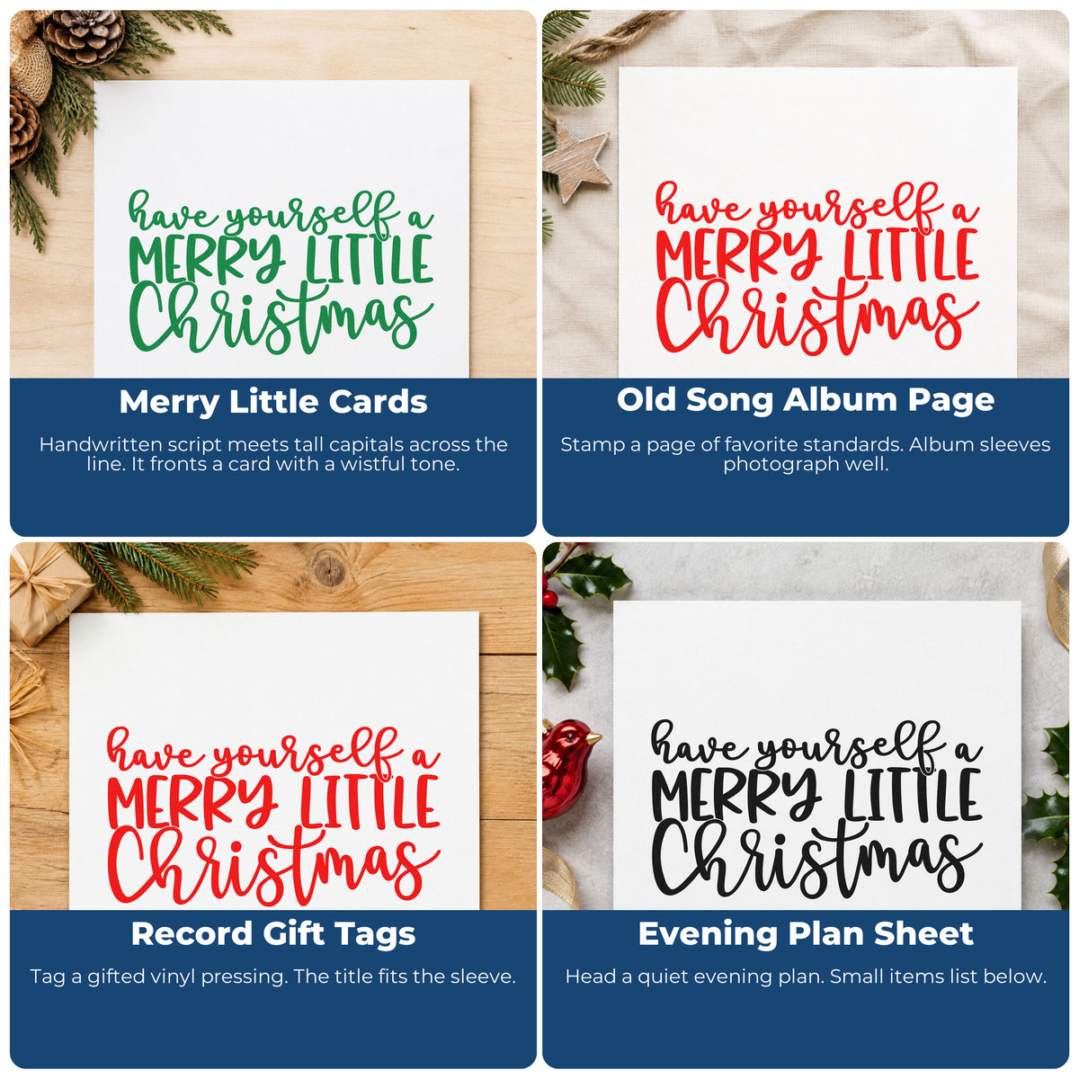 Four ways to use the Have Yourself A Merry Little Christmas Pre-Inked Stamp – PSI: merry little cards, old song album page, record gift tags and evening plan sheet.
