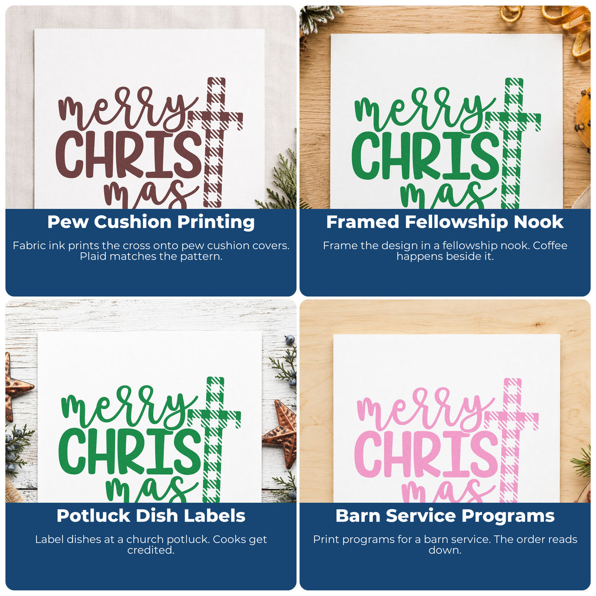 Four ways to use the Merry Christmas Plaid Cross Stamp - Premium Vintage Pro Wooden: pew cushion printing, framed fellowship nook, potluck dish labels and barn service programs.