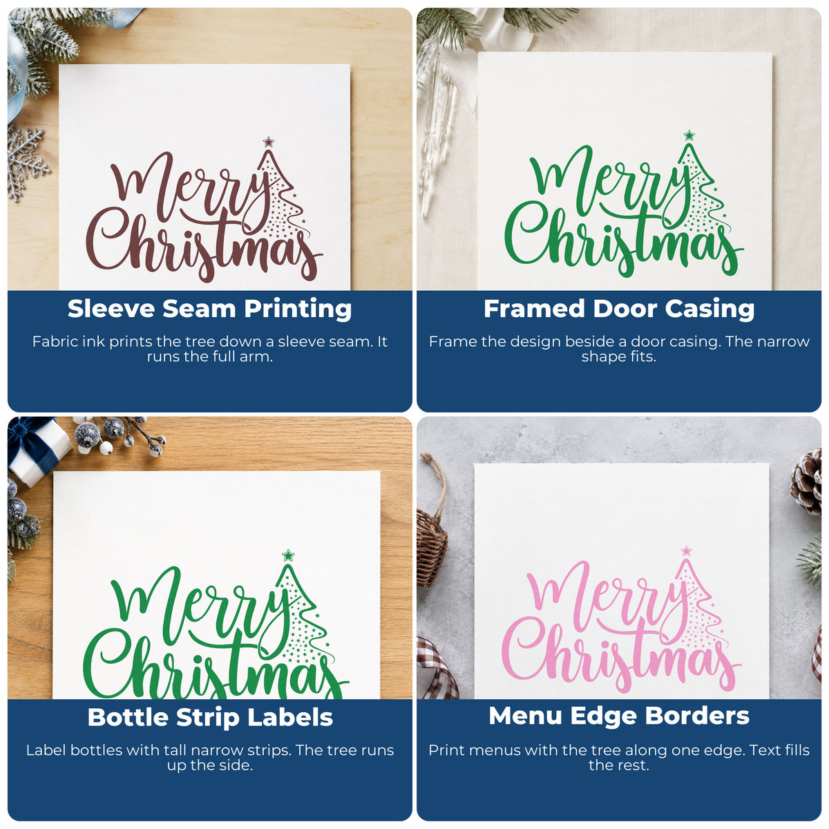Christmas rubber stamp ideas for holiday envelopes, cookie labels, scrapbooks, and DIY candles with festive lettering and icons.