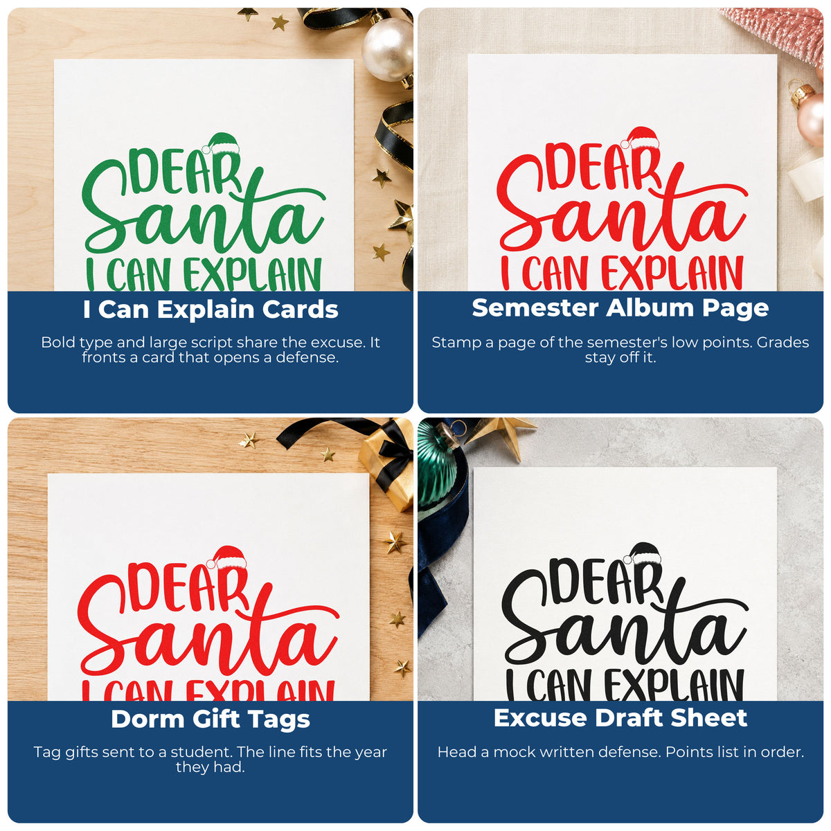 Four ways to use the Dear Santa I Can Explain Premium Wood-Mounted Stamp - Vintage Pro: i can explain cards, semester album page, dorm gift tags and excuse draft sheet.