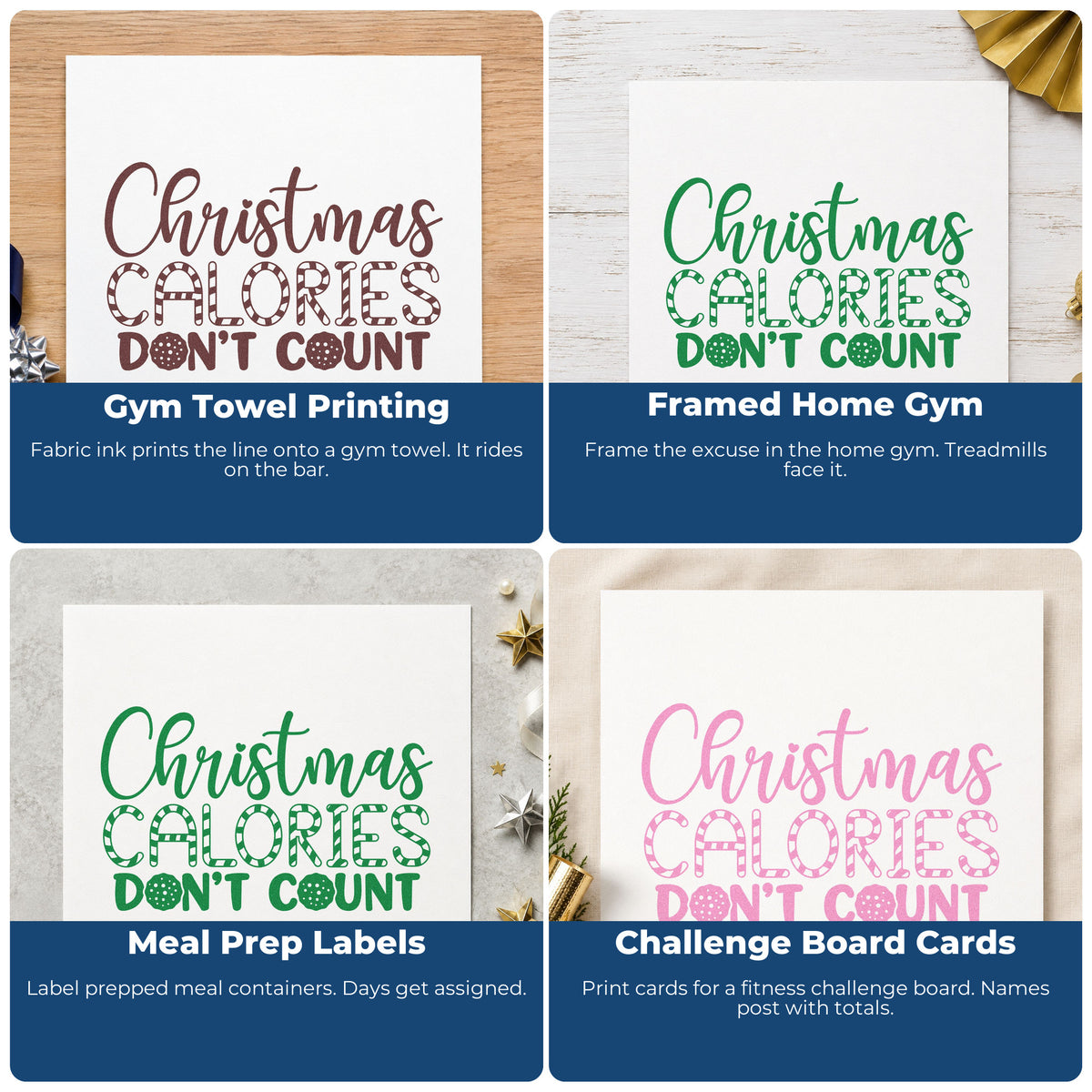 Four ways to use the Christmas Calories Don't Count Script Lettering Rubber Stamp – Wood Handle: gym towel printing, framed home gym, meal prep labels and challenge board cards.