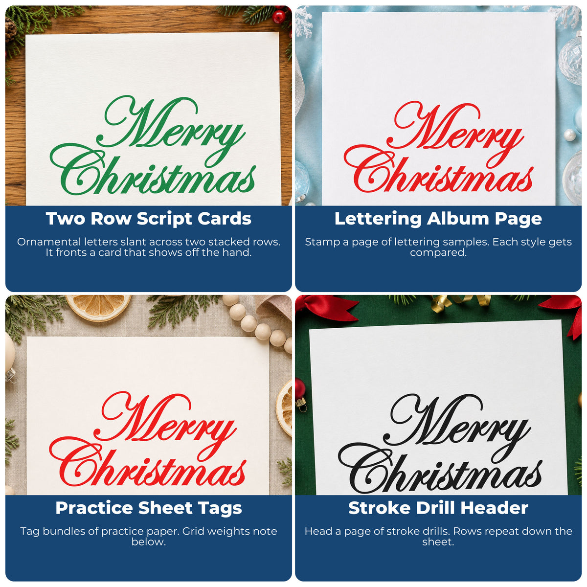 Four ways to use the Merry Christmas Elegant Script Lettering Stamp – Self-Inking: two row script cards, lettering album page, practice sheet tags and stroke drill header.