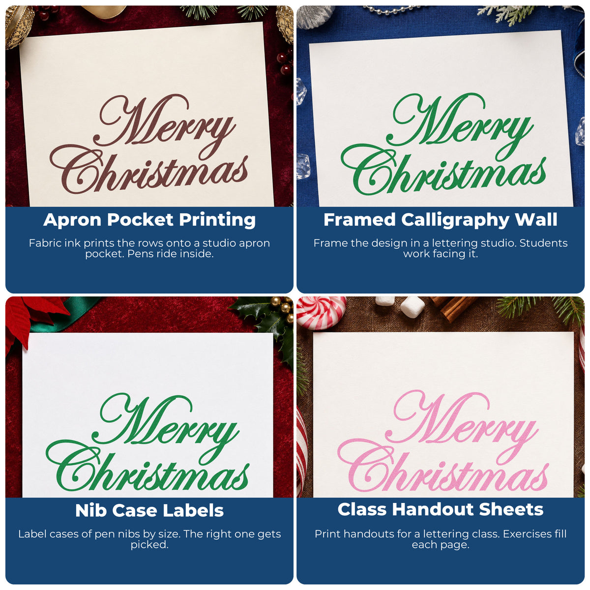 Four ways to use the Merry Christmas Elegant Script Lettering Premium Wooden Stamp - Vintage Pro: apron pocket printing, framed calligraphy wall, nib case labels and class handout sheets.