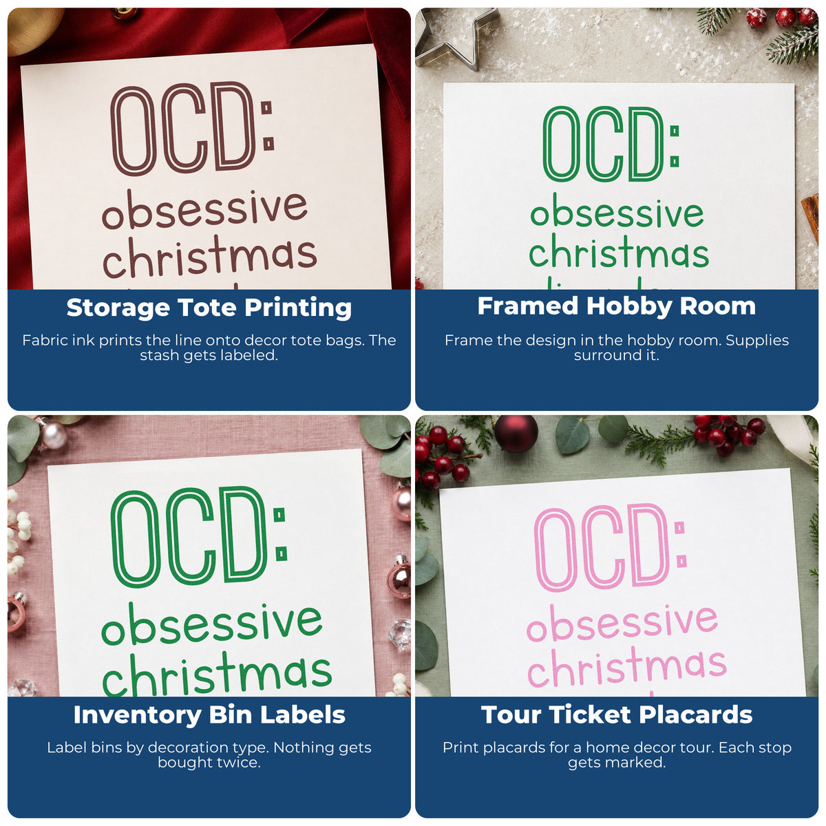 Four ways to use the Obsessive Christmas Disorder Outline Detail Stamp – Slim Pre-Inked: storage tote printing, framed hobby room, inventory bin labels and tour ticket placards.