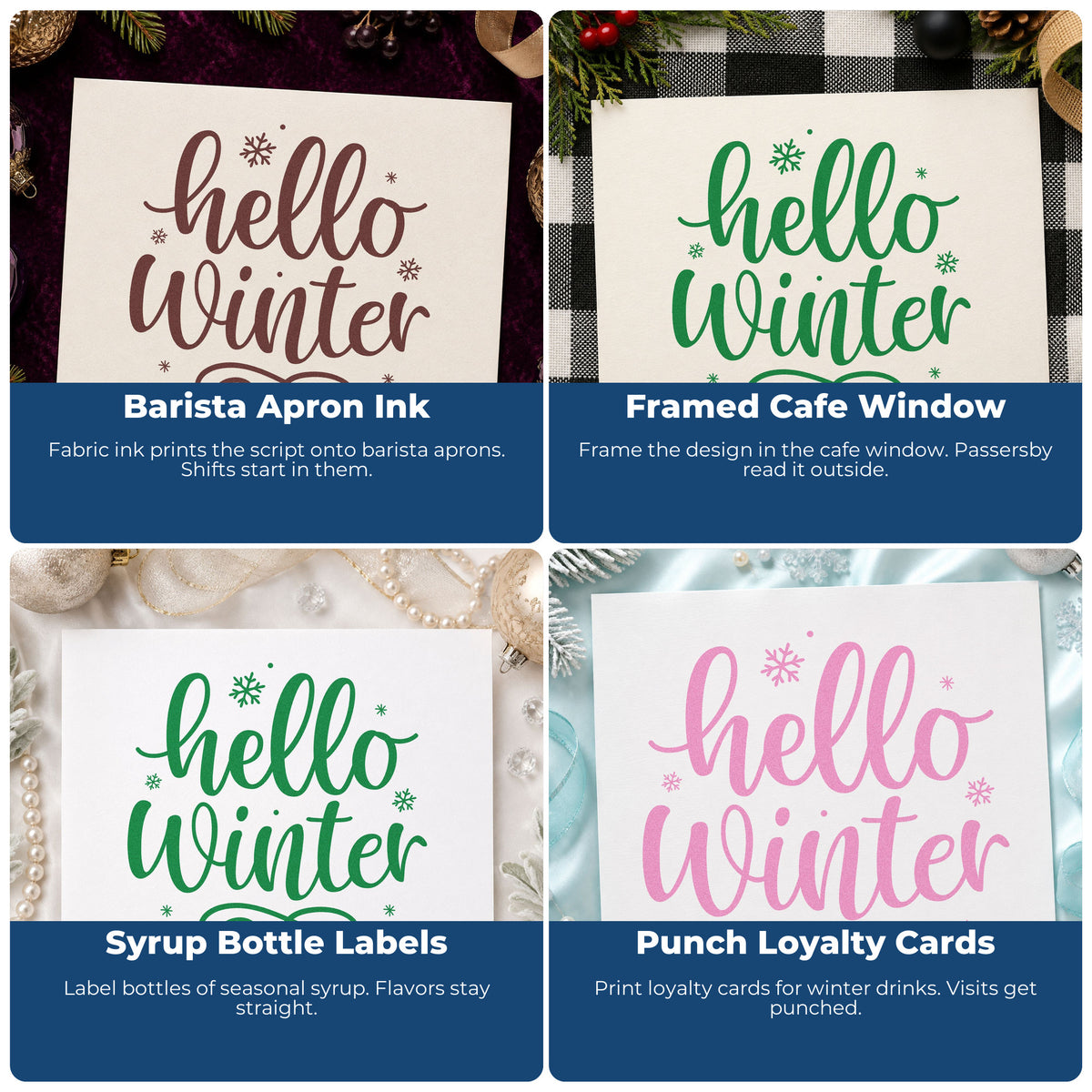 Four ways to use the Hello Winter Snowflakes Premium Wood-Mounted Stamp - Vintage Pro: barista apron ink, framed cafe window, syrup bottle labels and punch loyalty cards.