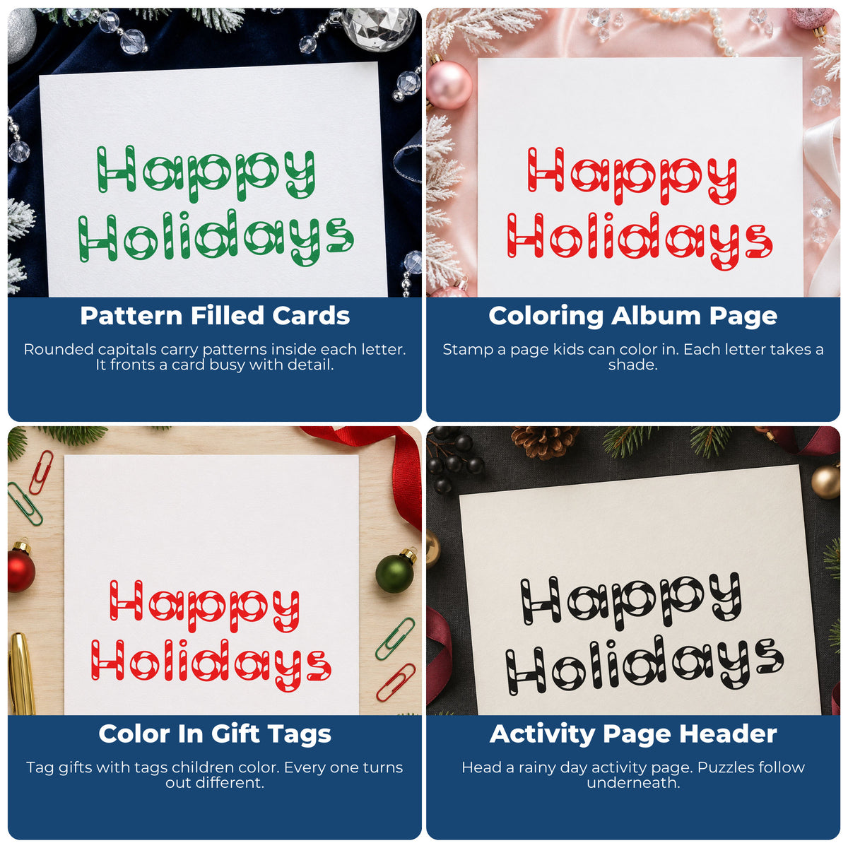 Four ways to use the Happy Holidays Patterned Letters Block Lettering Pre-Inked Stamp – Slim: pattern filled cards, coloring album page, color in gift tags and activity page header.