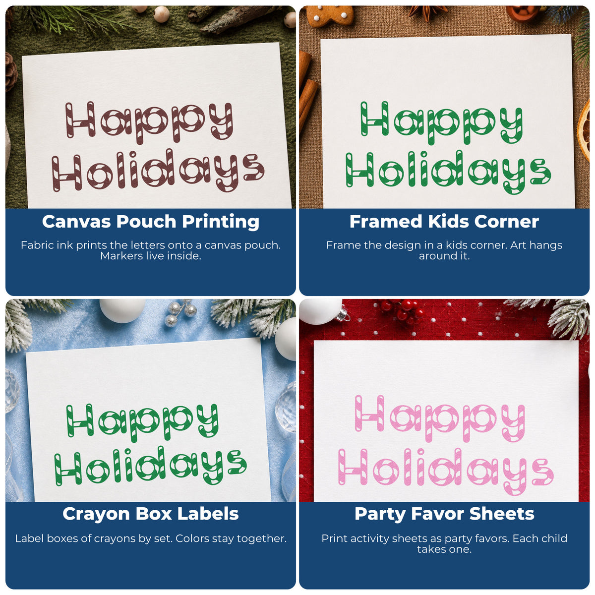 Four ways to use the Happy Holidays Patterned Letters Block Lettering Hand Stamp – Duo: canvas pouch printing, framed kids corner, crayon box labels and party favor sheets.