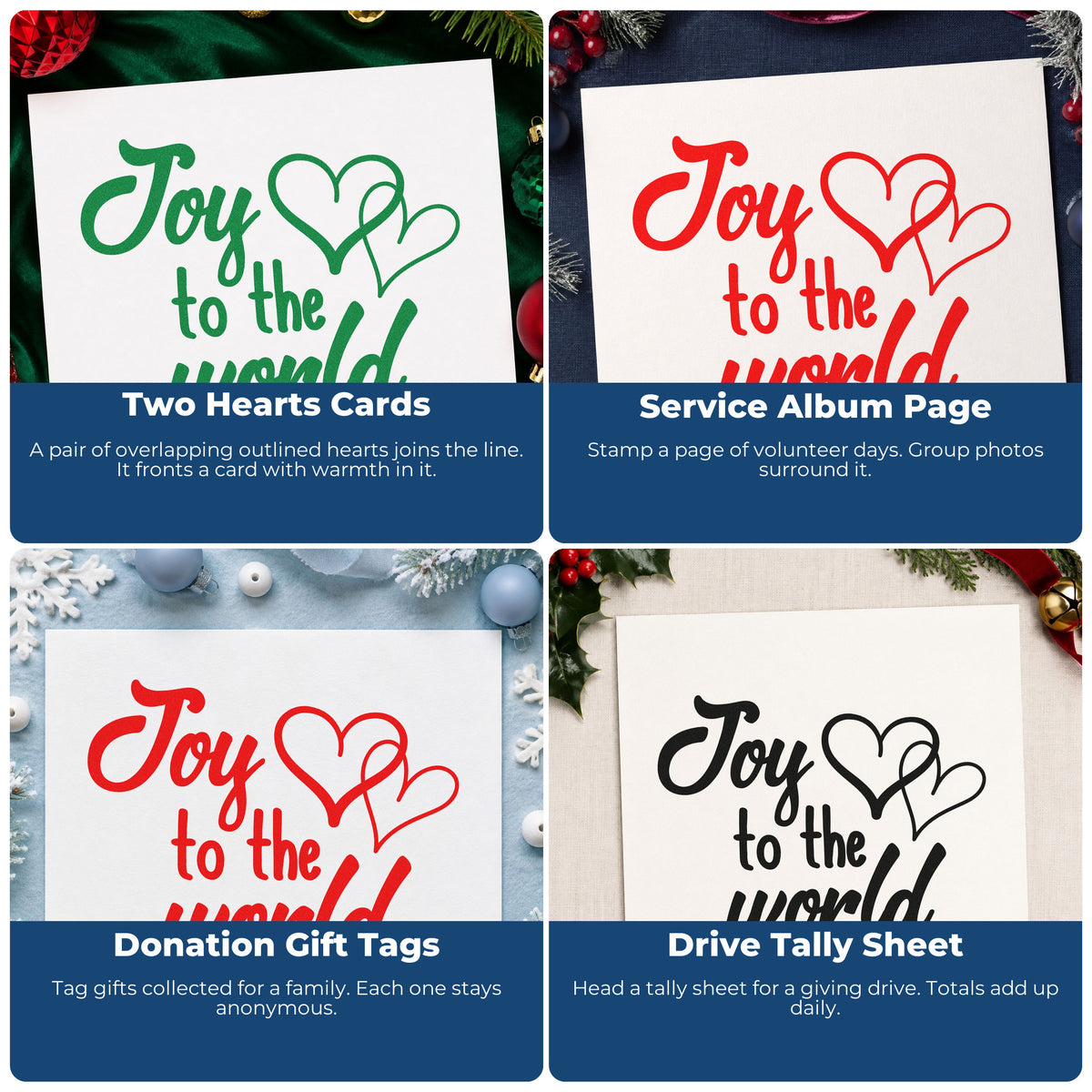 Four ways to use the Joy To World Hearts Rubber Stamp – Duo Hand: two hearts cards, service album page, donation gift tags and drive tally sheet.