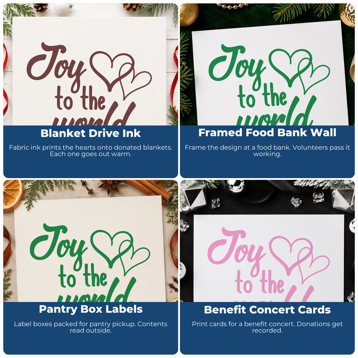 Four ways to use the Joy To World Hearts Rubber Stamp – Duo Hand: blanket drive ink, framed food bank wall, pantry box labels and benefit concert cards.