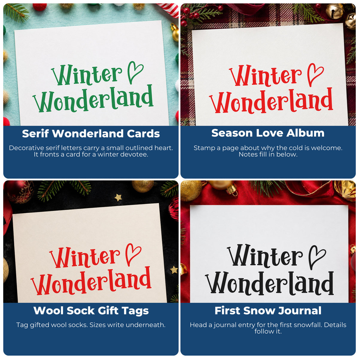 Four ways to use the Winter Wonderland Stamp - Premium Vintage Pro Wooden: serif wonderland cards, season love album, wool sock gift tags and first snow journal.