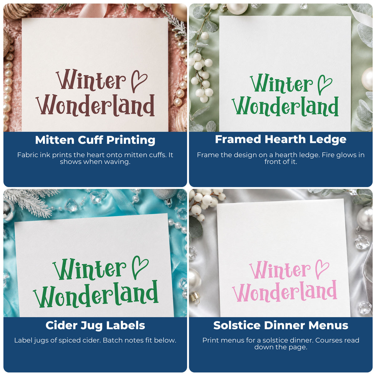Four ways to use the Winter Wonderland Duo Hand Stamp: mitten cuff printing, framed hearth ledge, cider jug labels and solstice dinner menus.