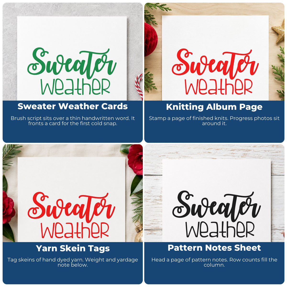 Four ways to use the Sweater Weather Script Pre-Inked Stamp – PSI: sweater weather cards, knitting album page, yarn skein tags and pattern notes sheet.