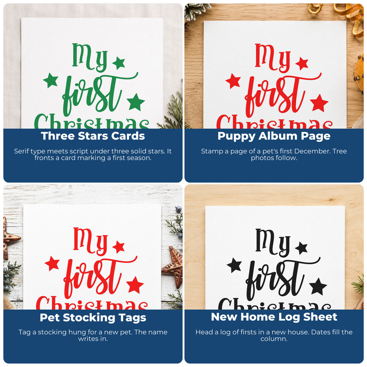 Four ways to use the My First Christmas Rubber Stamp – Wood Handle: three stars cards, puppy album page, pet stocking tags and new home log sheet.
