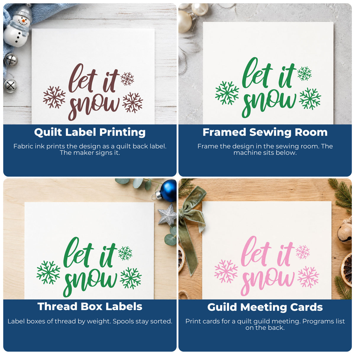 Four ways to use the Let It Snow Three Snowflakes Wood Handle Stamp: quilt label printing, framed sewing room, thread box labels and guild meeting cards.