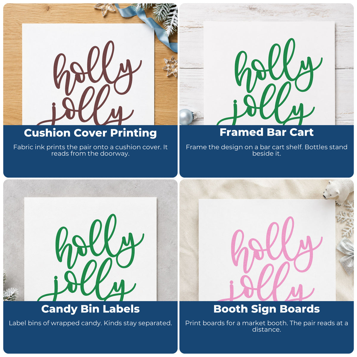 Four ways to use the Holly Jolly Hand Stamp – Duo: cushion cover printing, framed bar cart, candy bin labels and booth sign boards.
