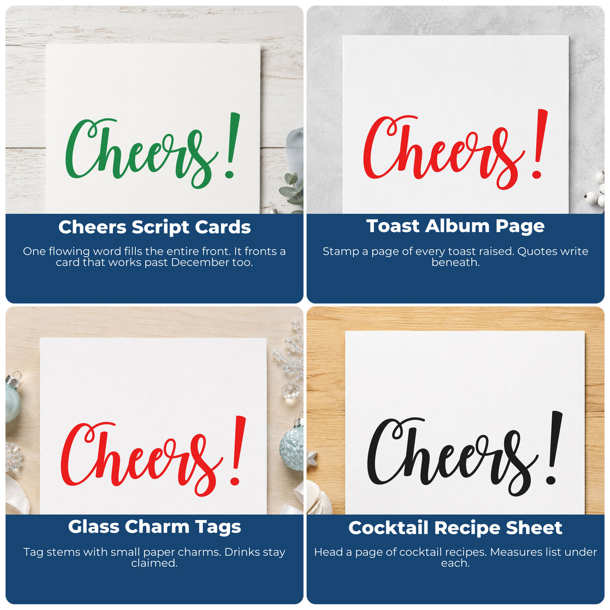 Four ways to use the Cheers Flowing Script Self-Inking Stamp: cheers script cards, toast album page, glass charm tags and cocktail recipe sheet.