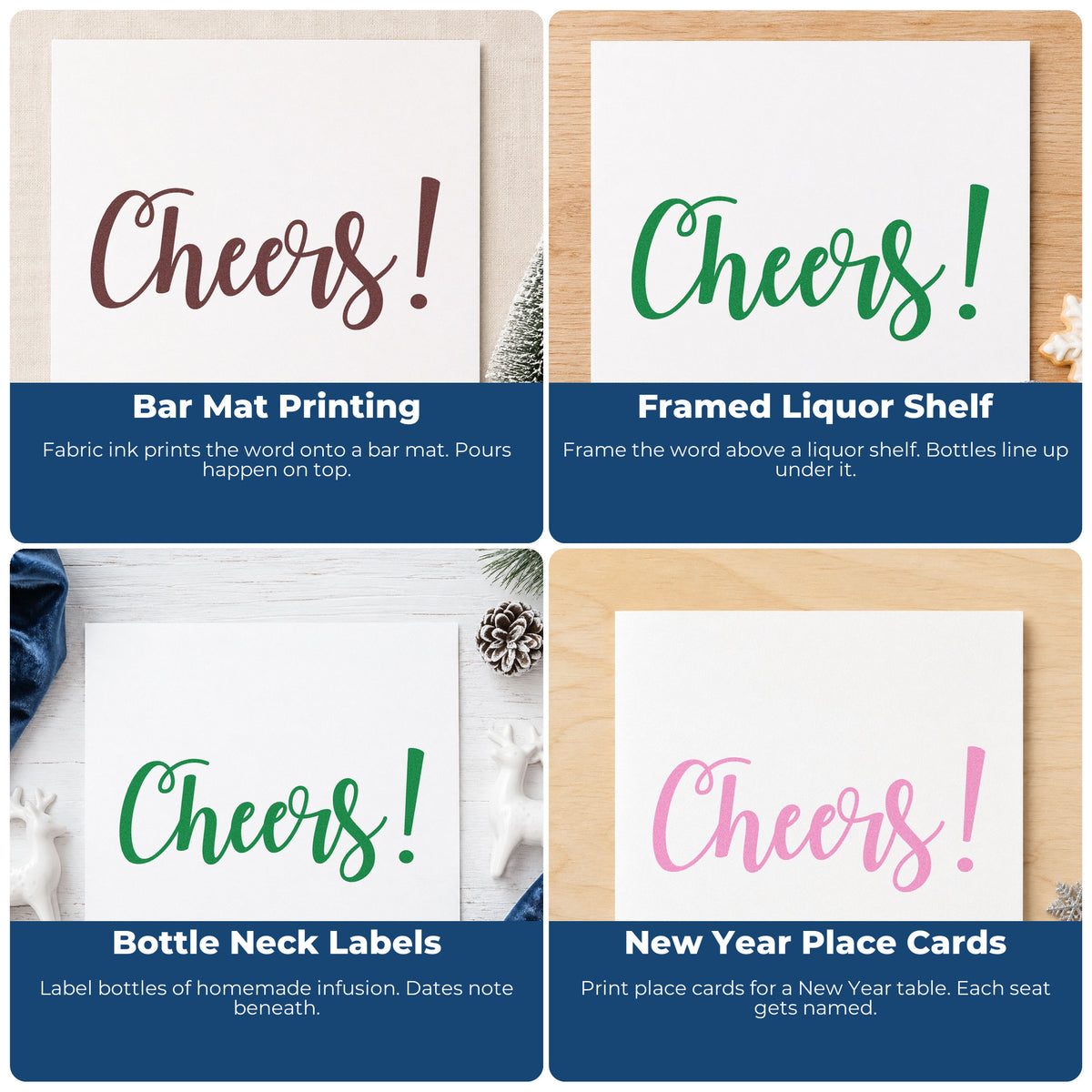 Four ways to use the Cheers Flowing Script Rubber Stamp – Duo Hand: bar mat printing, framed liquor shelf, bottle neck labels and new year place cards.