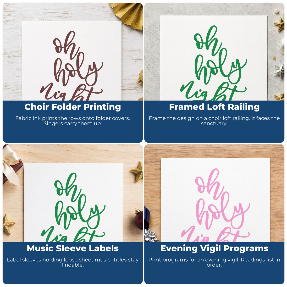 Four ways to use the Oh Holy Night Letter Art Pre-Inked Stamp – Slim: choir folder printing, framed loft railing, music sleeve labels and evening vigil programs.