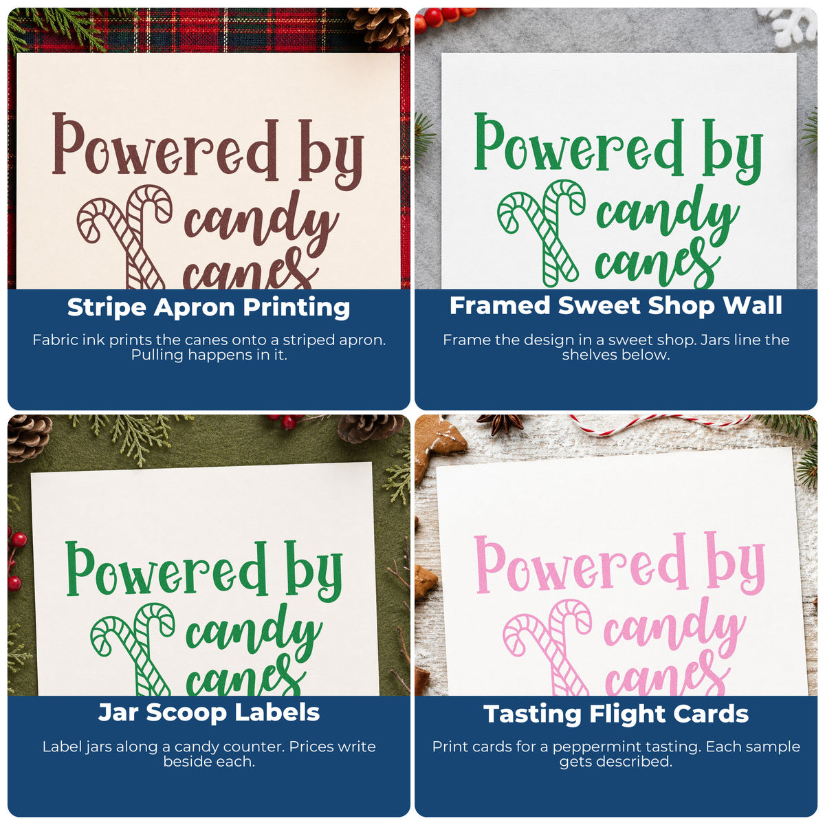 Four ways to use the Premium Wooden Powered By Candy Canes Stamp - Vintage Pro: stripe apron printing, framed sweet shop wall, jar scoop labels and tasting flight cards.