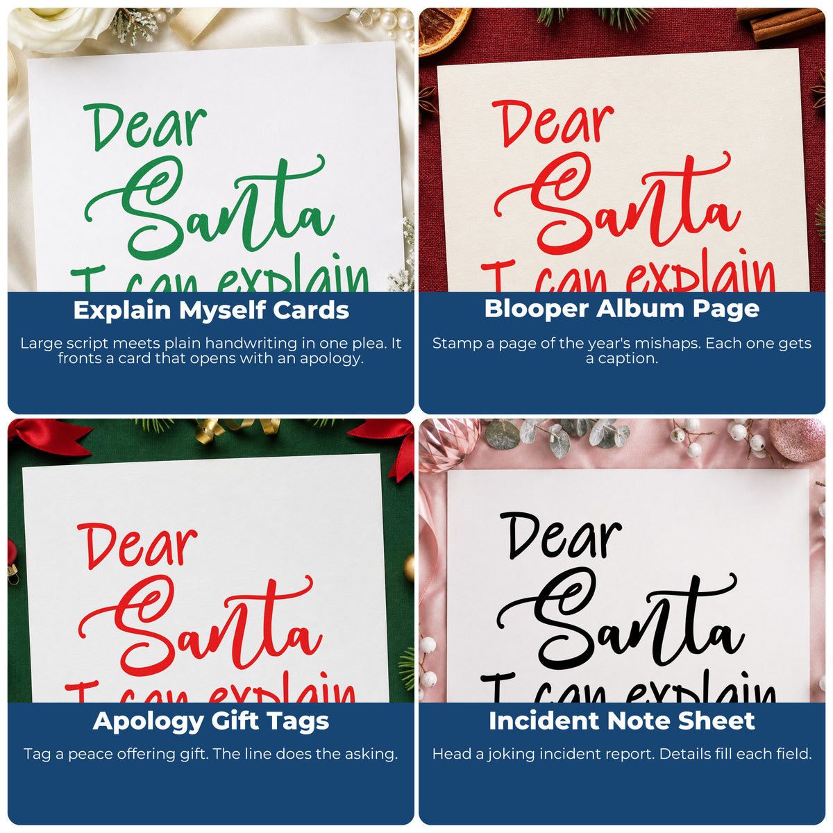 Four ways to use the Dear Santa I Can Explain Script Stamp – PSI Pre-Inked: explain myself cards, blooper album page, apology gift tags and incident note sheet.