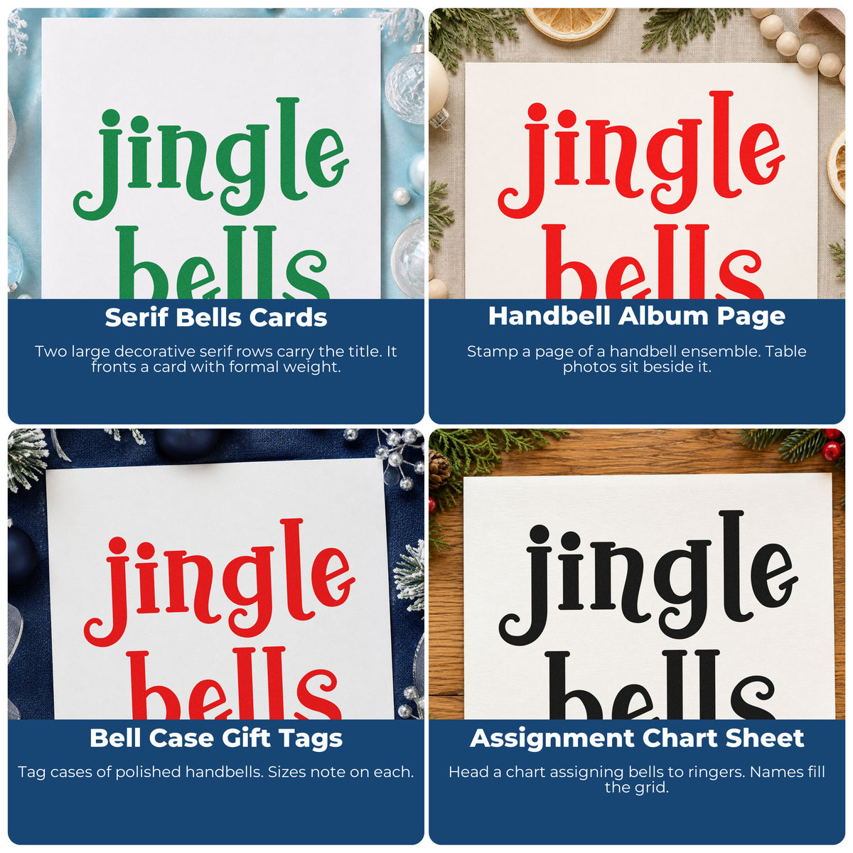 Four ways to use the Jingle Bells Hand Stamp – Duo: serif bells cards, handbell album page, bell case gift tags and assignment chart sheet.
