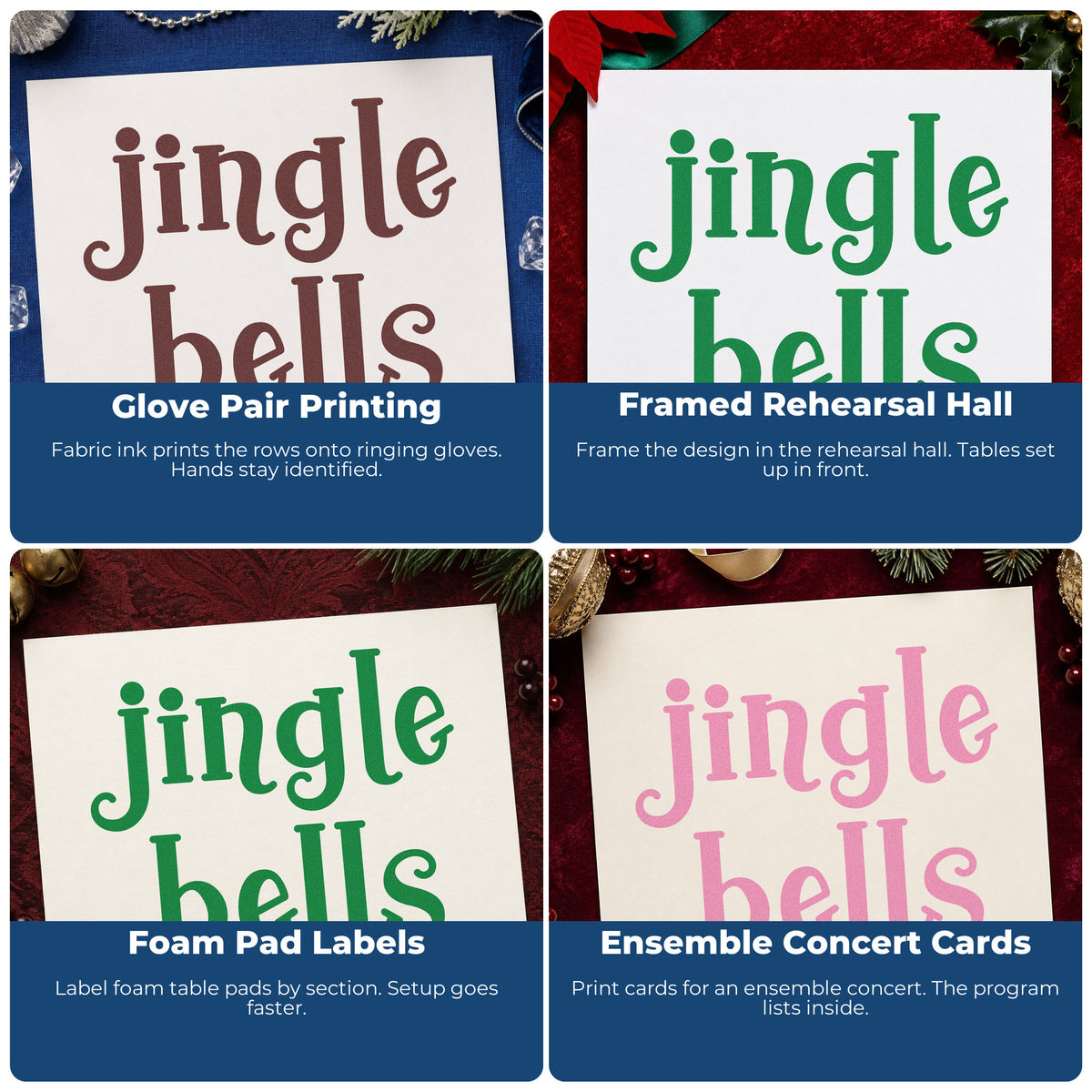 Four ways to use the Jingle Bells Rubber Stamp – Wood Handle: glove pair printing, framed rehearsal hall, foam pad labels and ensemble concert cards.