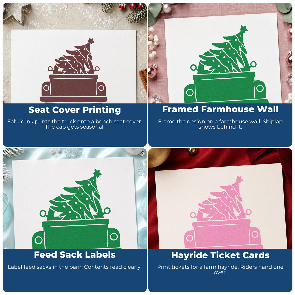 Four ways to use the Pickup Truck Christmas Tree With Stars Hand Stamp – Duo: seat cover printing, framed farmhouse wall, feed sack labels and hayride ticket cards.