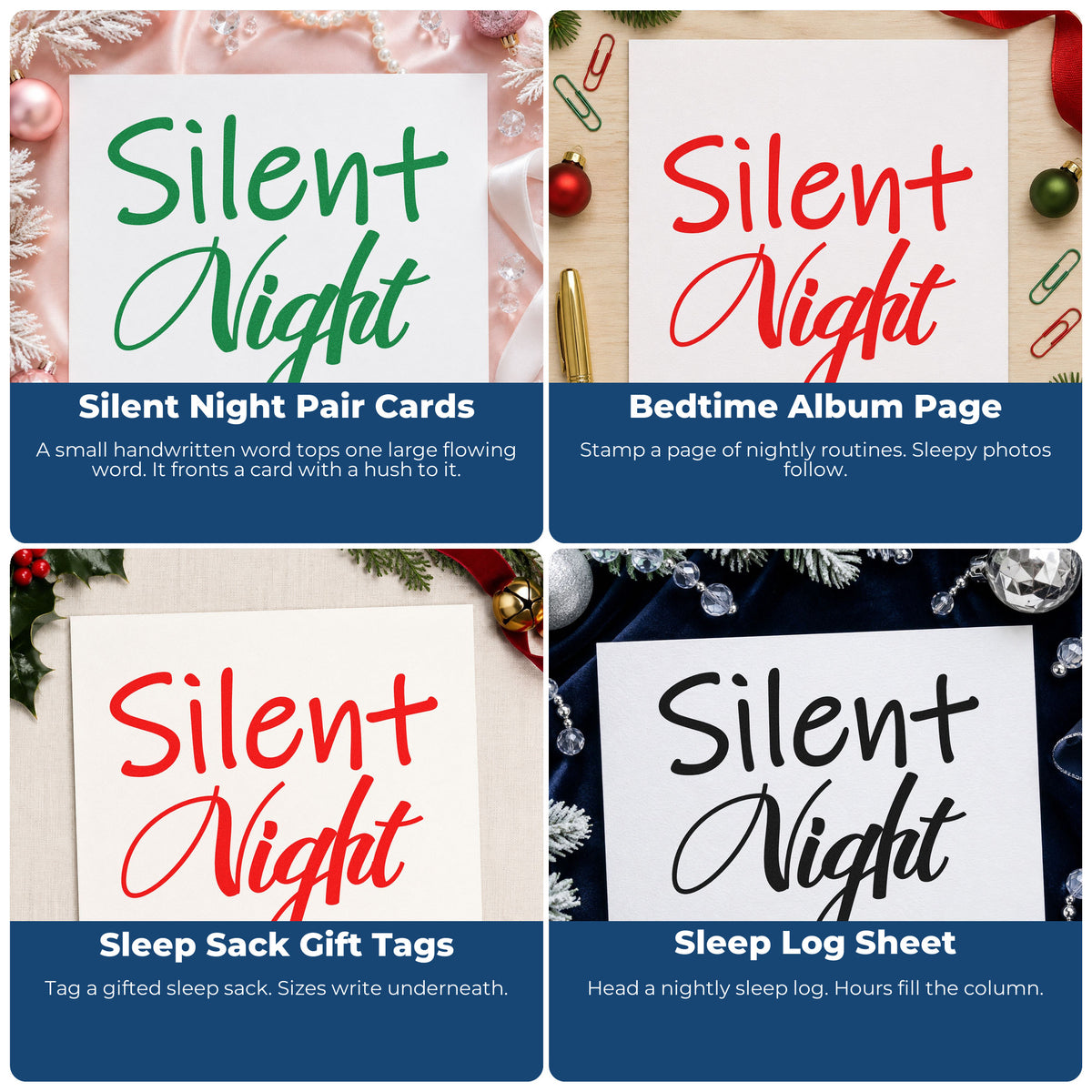 Four ways to use the Silent Night Mixed Script Lettering Slim Pre-Inked Stamp: silent night pair cards, bedtime album page, sleep sack gift tags and sleep log sheet.