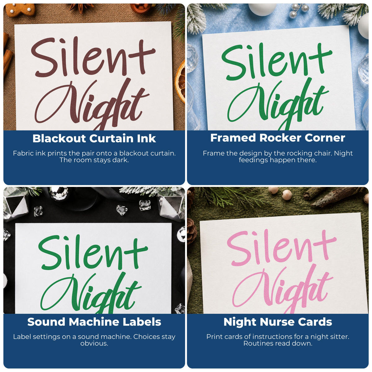 Four ways to use the Silent Night Mixed Script Lettering Stamp - Premium Vintage Pro Wooden: blackout curtain ink, framed rocker corner, sound machine labels and night nurse cards.