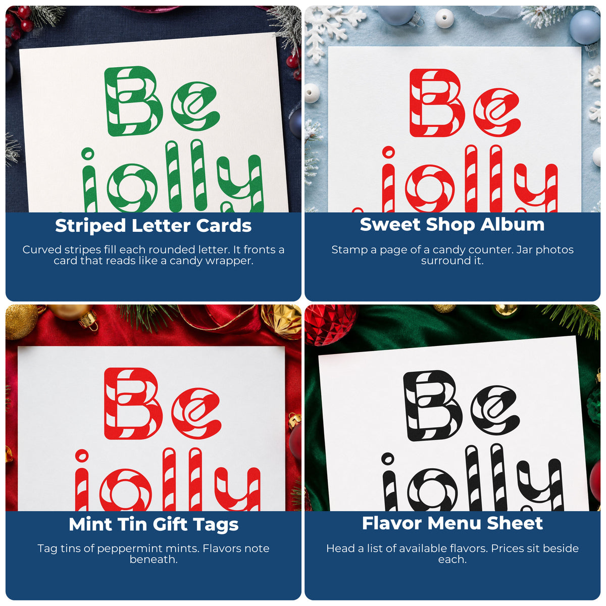 Four ways to use the Be Jolly Patterned Letters Premium Wood-Mounted Stamp - Vintage Pro: striped letter cards, sweet shop album, mint tin gift tags and flavor menu sheet.